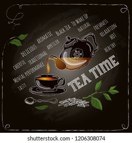 Tea Time card with cup, teapot, spoon and  leaves. Freehand drawing with imitation of chalk sketch. Hot beverage. White lines on dark background.  International Tea Day typography poster. Vector.