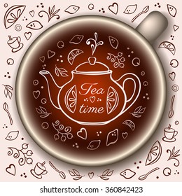 Tea time card.Cup of tea. Hand drawn teapot with doodle tea time elements on background. Vector illustration.