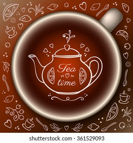 Tea time card.Cup of tea. Hand drawn teapot with doodle tea time elements on background. Vector illustration.