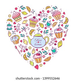 Tea time card, heart shape design for poster, menu. Vector hand drawn illustration. Template with teapot, lemons, berries and tea elements.