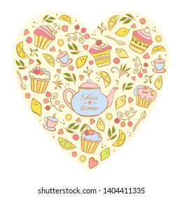 Tea time card, heart shape design for poster, menu. Vector hand drawn illustration. Template with teapot, lemons, berries and tea elements.