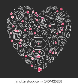 Tea time card, heart shape design for poster, menu. Vector hand drawn illustration. Template with teapot, lemons, berries and tea elements.