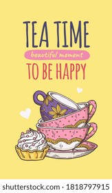 Tea time card or poster design with cups and cake, sketch cartoon vector illustration on yellow background. Hot drinks menu cover for cafe bar or teahouse.