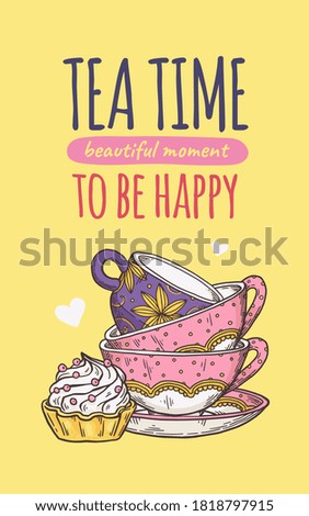 Tea time card or poster design with cups and cake, sketch cartoon vector illustration on yellow background. Hot drinks menu cover for cafe bar or teahouse.