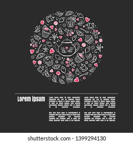 Tea time card, poster, menu. Template with space for text. Vector hand drawn illustration. Circle design with teapot, lemons, berries and tea elements.