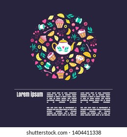 Tea time card, poster, menu. Template with space for text. Vector hand drawn illustration. Circle design with teapot, lemons, berries and tea elements.