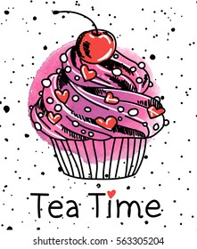 
Tea time! Card, poster, print on a T-shirt. Drawing by hand. Lovely, child's drawing with a cake and drops of paint.