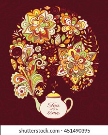 Tea time card. Teapot with colored floral smoke on crimson lacy background. Vector illustration.