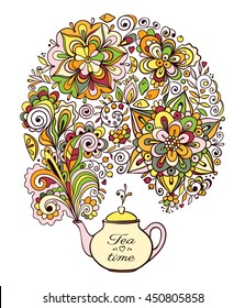 Tea time card. Teapot with coloured floral smoke on white background. Vector illustration.