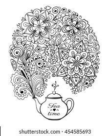 Tea time card. Teapot with doodle floral smoke on white background.Coloring book page. Vector illustration.