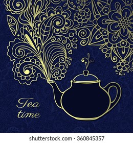 Tea time card. Teapot with golden floral smoke on blue lacy background. Vector illustration.
