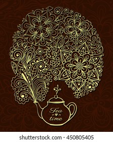 Tea time card. Teapot with golden floral smoke on brown lacy background. Vector illustration.