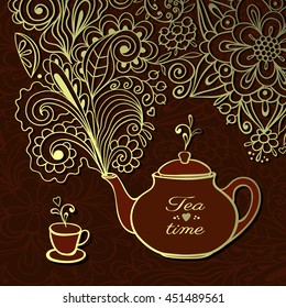 Tea time card. Teapot with golden floral smoke on brown lacy background and little cup. Vector illustration.