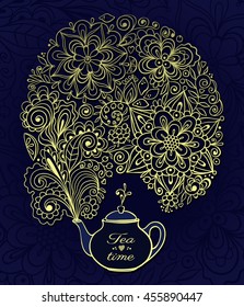 Tea time card. Teapot with golden floral smoke on blue lacy background. Vector illustration.