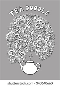 Tea time card. Teapot with lacy floral smoke. Menu for restaurant, cafe, bar, tea-house. Vector illustration.