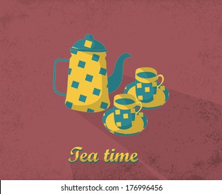 Tea time card. Template for design textile, greeting cards, wrapping paper, packages, backgrounds. Vintage vector illustration.