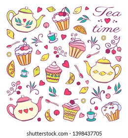 Tea time card,collection of tea design elements isolated on white.Teapot, cupcakes, tea cups, desserts, lemons, berries. Vector set. Hand drawn illustration.