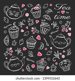 Tea time card,collection of tea design elements in black and white.Teapot, cupcakes, tea cups, desserts, lemons, berries. Vector set. Hand drawn illustration.
