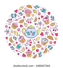 Tea time card,design for poster, menu. Vector hand drawn illustration. Circle template with teapot, lemons, berries and tea elements.