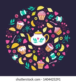 Tea time card,design for poster, menu. Vector hand drawn illustration. Circle template with teapot, cupcakes, desserts, lemons, berries and tea elements.