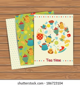 Tea time cards on wood plank background. Place for your text. Use for invitations, announcement cards. Vector illustration.