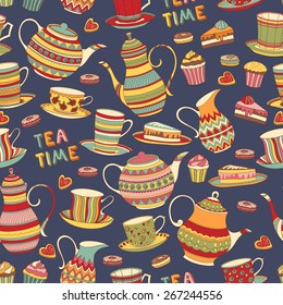 Tea Time Cartoon Scrapbook Pattern. Seamless Vector Illustration.