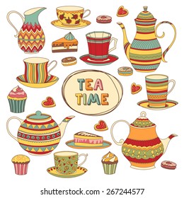 Tea Time Cartoon Scrapbook Set. Menu Template. Isolated Objects.