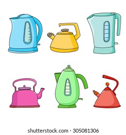Tea time cartoon set. Vector isolated objects. Pretty teapots.