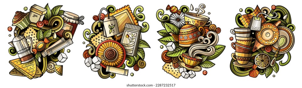 Tea time cartoon vector doodle designs set. Colorful detailed compositions with lot of beverage objects and symbols. Isolated on white illustrations