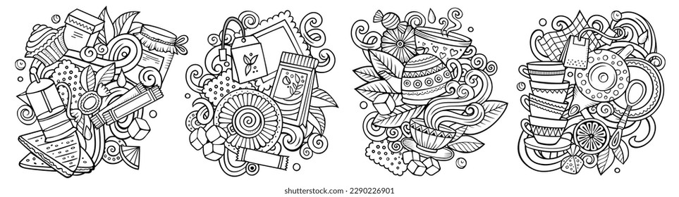 Tea time cartoon vector doodle designs set. Line art detailed compositions with lot of beverage objects and symbols.