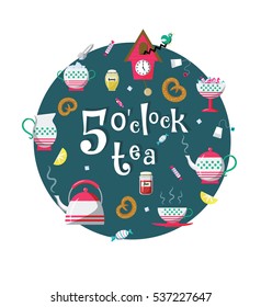 Tea time circle illustration. Five o'clock tea. Design concept  for cafe, confectionery. Tea porcelain, Cuckoo-clock, candies, tea bags, sugar, milk, honey, bagel, lemon, jam.