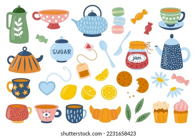 té o café con tazas de dibujos animados, tazas, teteras, cucharas, bolso de té, infusor, dulces, azúcar, macarones, dulces, quequitos, croissant, galleta, mermelada, limón, camomila. Tema de elementos de cocina de vectores 