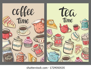 Tea Time / Coffee Time. Two flyers with cups, teapots and sweets