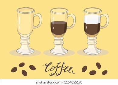 tea time collection: coffee cup, coffee bean, postcard, vector set  isolated elements
