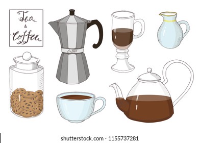 tea time collection: coffee cup, teapot, jar with cookies, geyser coffee maker, pitcher,  vintage postcard, vector set  isolated elements