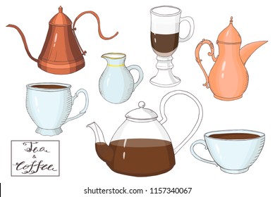 tea time collection: coffee cup, teapot, coffeepot, coffee maker, pitcher, vintage postcard, vector set  isolated elements