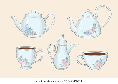 tea time collection: coffee cup, teapot, coffee pot with with flower design,  vintage postcard, vector set  isolated elements - Shutterstock ID 1158043921