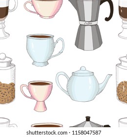 tea time collection: coffee cup, teapot, jar with cookies, geyser coffee maker,   seamless pattern