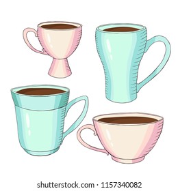 tea time collection: coffee and tea cups,  postcard, vector set  isolated elements