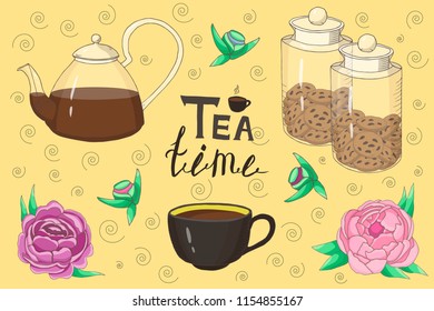 tea time collection: cup, teapot, jar with cookies, vintage postcard, vector set  isolated elements 