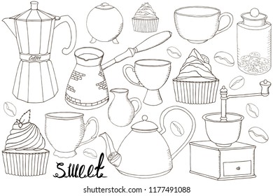 tea time collection: cupcakes , coffee cup, teapot,  jar with cookies, geyser coffee maker, jug, sugar bowl, graphic outline post card, vector set  isolated elements