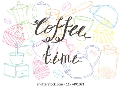 tea time collection: cupcakes , coffee cup, teapot,  jar with cookies, geyser coffee maker, jug, sugar bowl, graphic outline post card with lettering, vector set  isolated elements