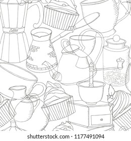 tea time collection: cupcakes , coffee cup, teapot,  jar with cookies, geyser coffee maker, jug,  sugar bowl, graphic outline seamless pattern