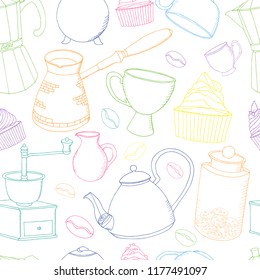 tea time collection: cupcakes , coffee cup, teapot,  jar with cookies, geyser coffee maker, jug,  sugar bowl, graphic outline seamless pattern