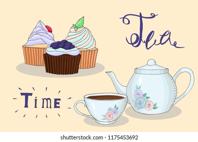 Tea time collection: cupcakes, cup and kettle,dessert card, vector set  isolated elements