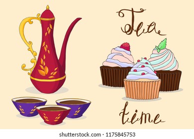 tea time collection: cupcakes, jug, pialas, dessert post card, vector set  isolated elements