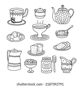 Tea time collection in hand drawn doodle style. Cute vector set of tea ceremony elements. Teapot, cup, cookies, biscuits. Illustration in sketch style.