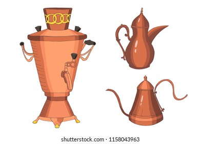 tea time collection in Russian style: copper samovar, coffee pot, teapot, postcard, vector set  isolated elements