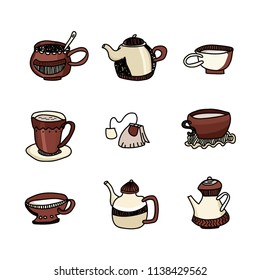 Tea time collection. Set of Tea icons - kettle, tea, mug, cup and sugar. Hand drawn vector illustration with dishes about tea.