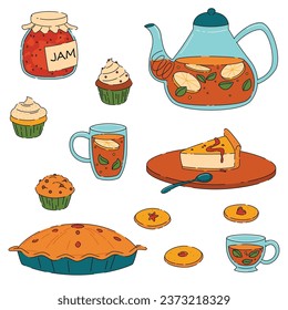Tea time collection sticker. Cozy teapot, kettle and desserts set. cupcakes, pie, cookie, jam